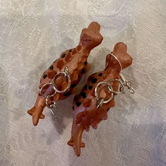 Earrings Pierced Dinosaur Silver Dangly Exaggerated Handmade Costume Jewelry - Picture 4 of 8